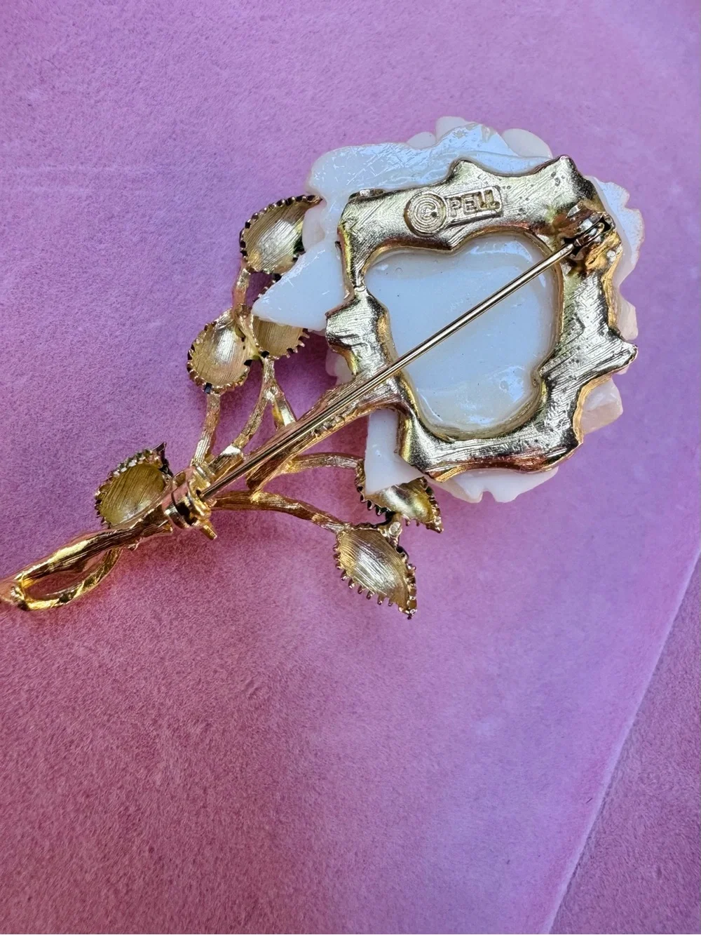 Vintage Signed PELL White Flower Brooch with Green Enamel Leaves